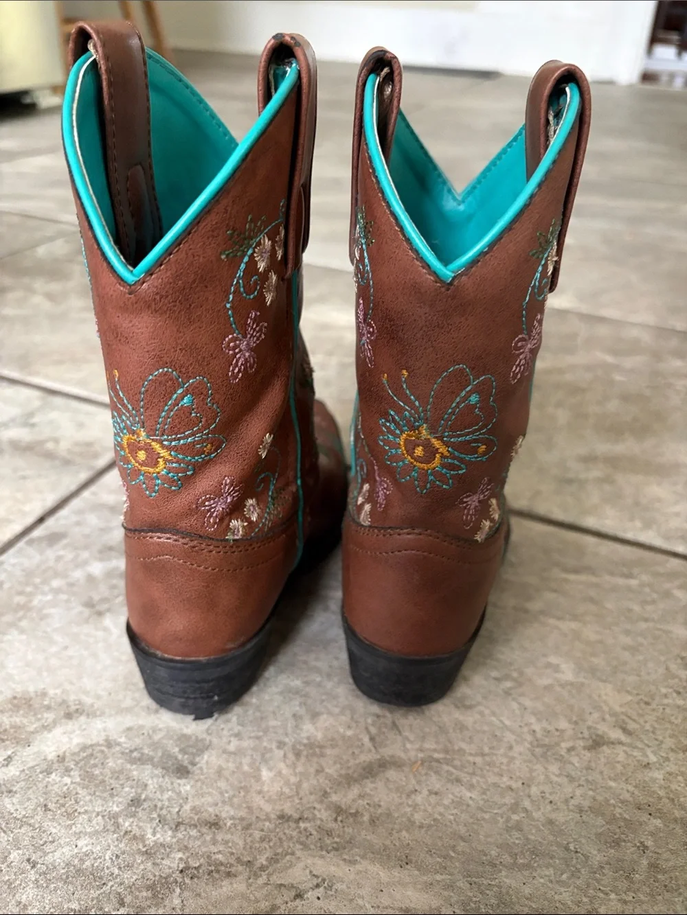 Shyanne Brown and Teal Floral Kids Cowboy Boots
